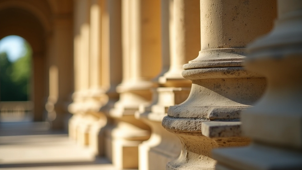 Detailní pohled na kamenné sloupy klasické architekektury s přírodním osvětlením a stíny