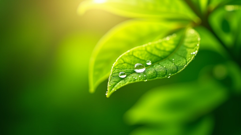 Detail listů lipového stromu v ranním slunci, kapky rosy, detailní fotografie přírody