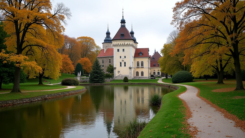 Historický zámecký park s jezírkem a starou architekturou