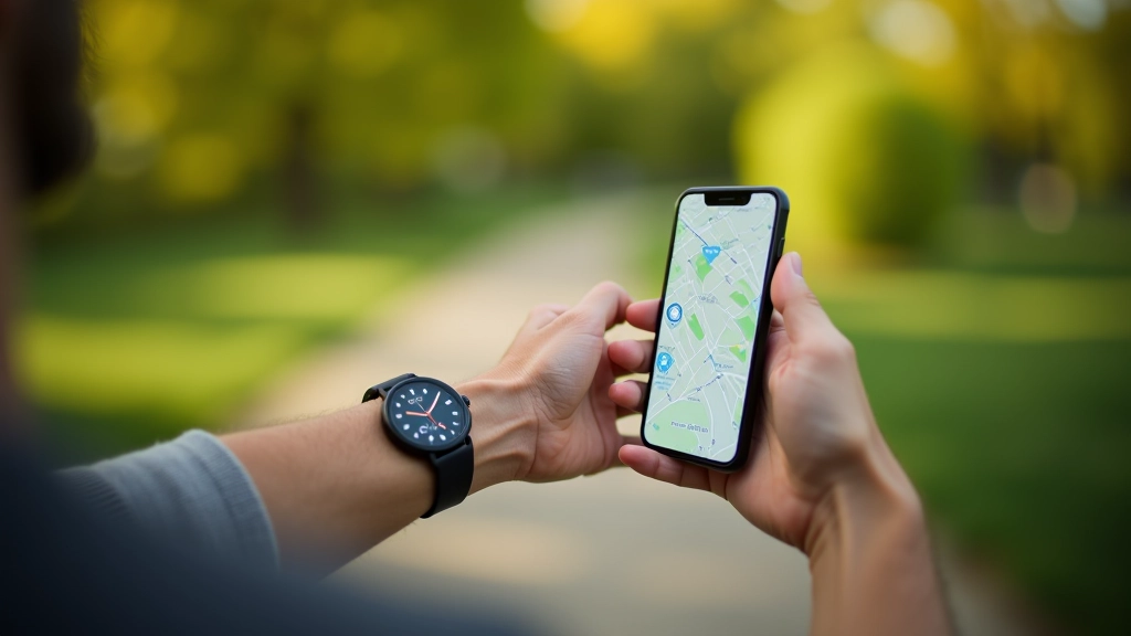 Digitální hodinky a smartphone s otevřenou aplikací mapy pro orientaci v parku